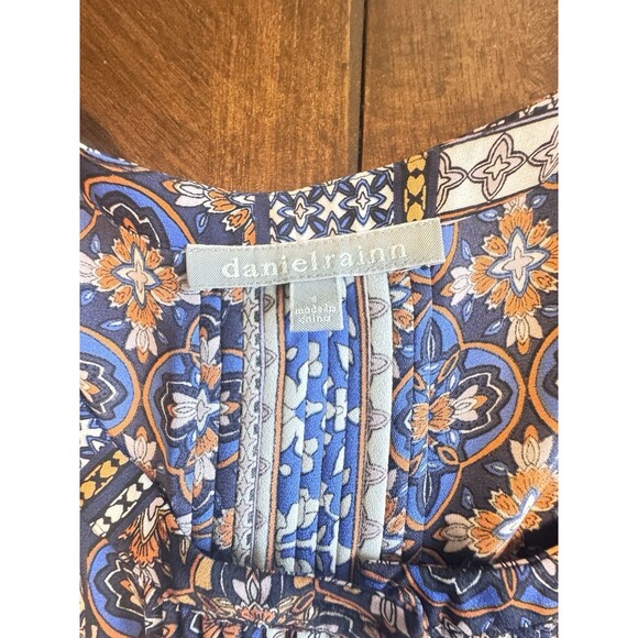 Daniel Rainn Top Women Small Blue Orange Floral Popover Pleated Patchwork Retro - Picture 8 of 9